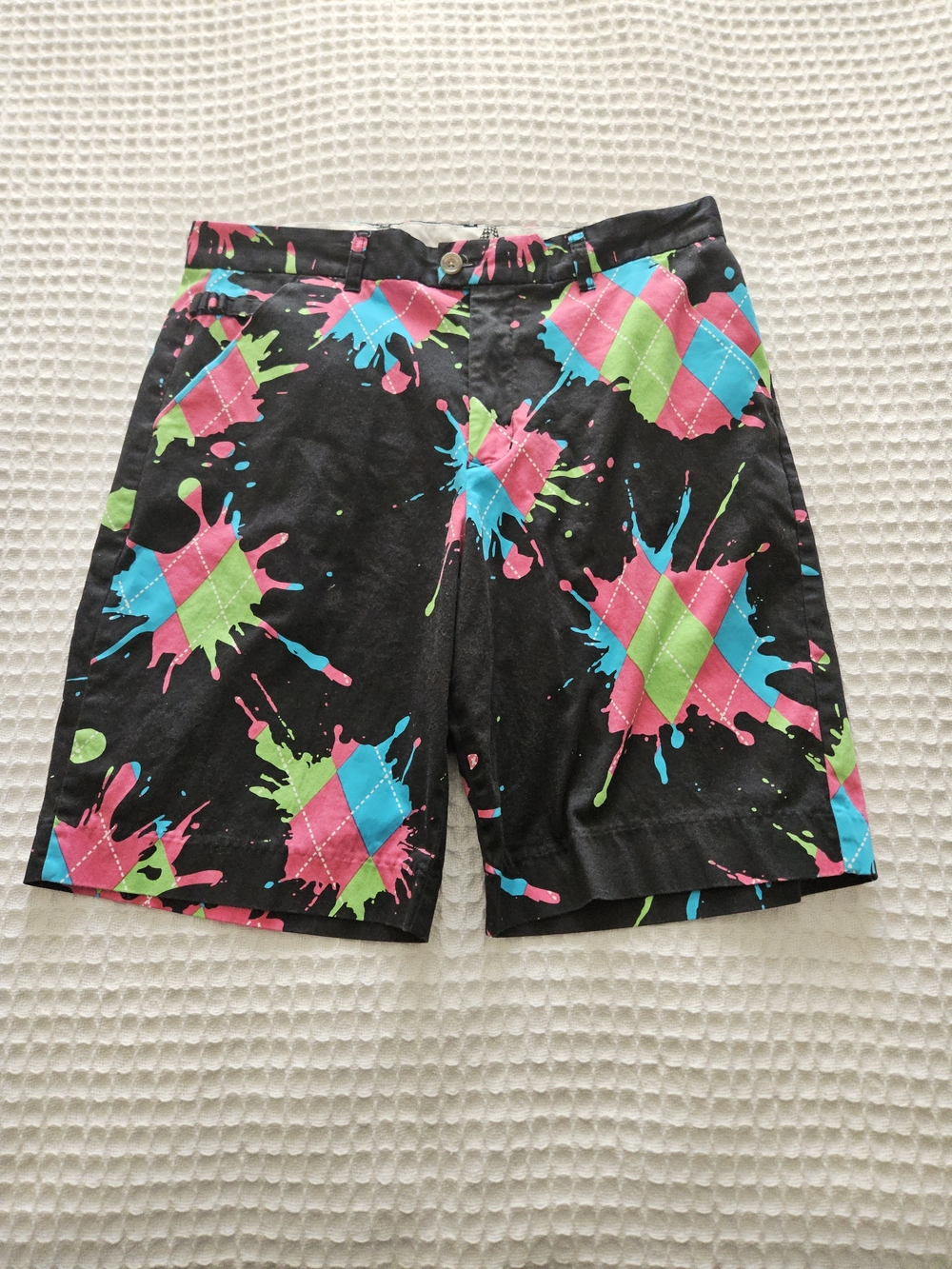 Royal & Awesome Golf Shorts Black Multicolor Argyle Splatter 36 Athletic